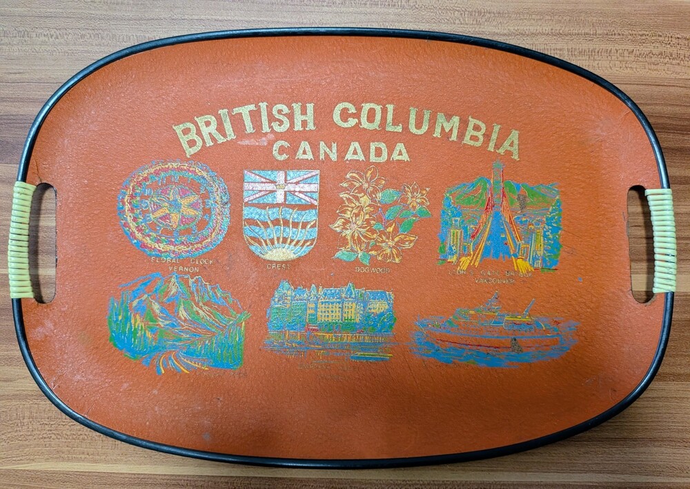 Vintage British Columbia Canada Souvenir Serving Tray Graphic Orange Retro Decor
